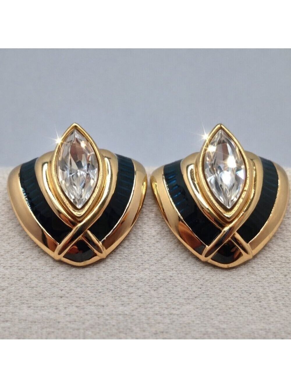 Swarovski Dark Green & Clear Marquise Crystal Earrings Gold Plated Vintage SAL